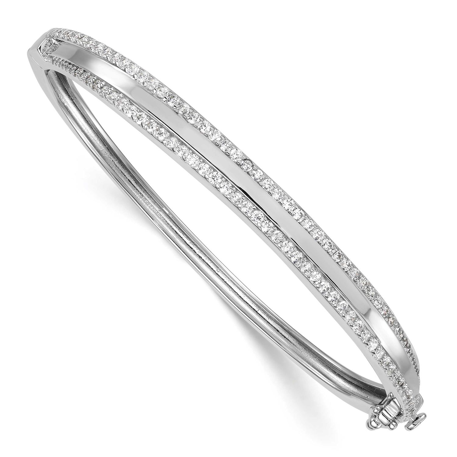 Polished CZ Hinged Bangle Sterling Silver Rhodium-Plated, MPN: QB1628, UPC: