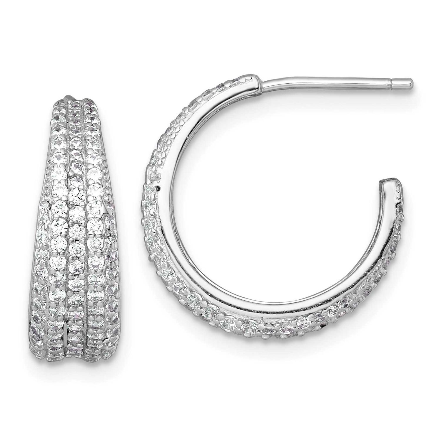 Tapered Pave CZ Post C-Hoop Earrings Sterling Silver Rhodium-Plated, MPN: QE18091, UPC: