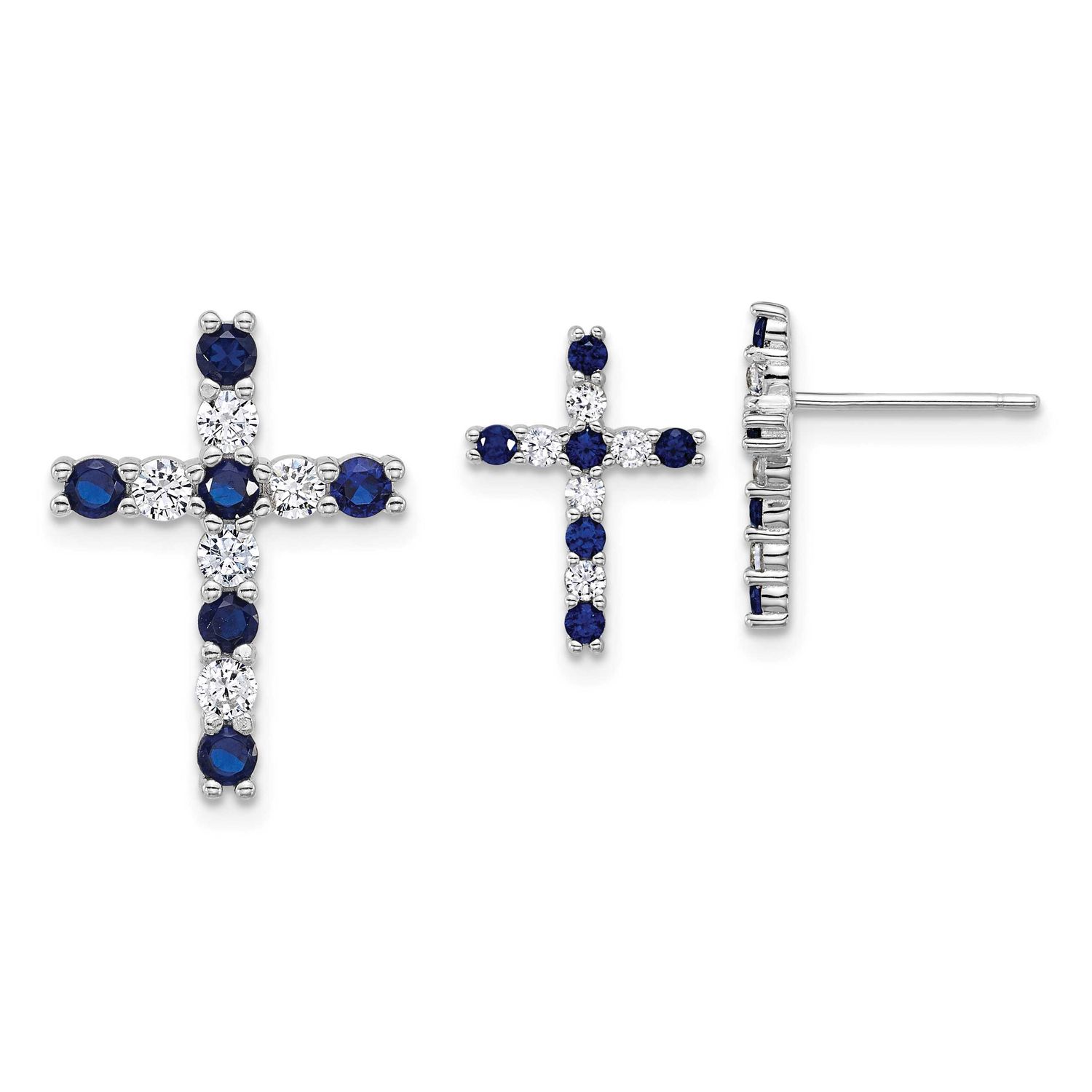 Blue and White CZ Cross Post Earrings and Chain Slide Set Sterling Silver Rhodium-Plated, MPN: QST2…