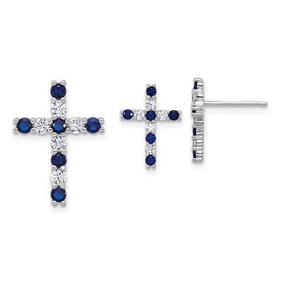 Blue and White CZ Cross Post Earrings and Chain Slide Set Sterling Silver Rhodium-Plated, MPN: QST2…