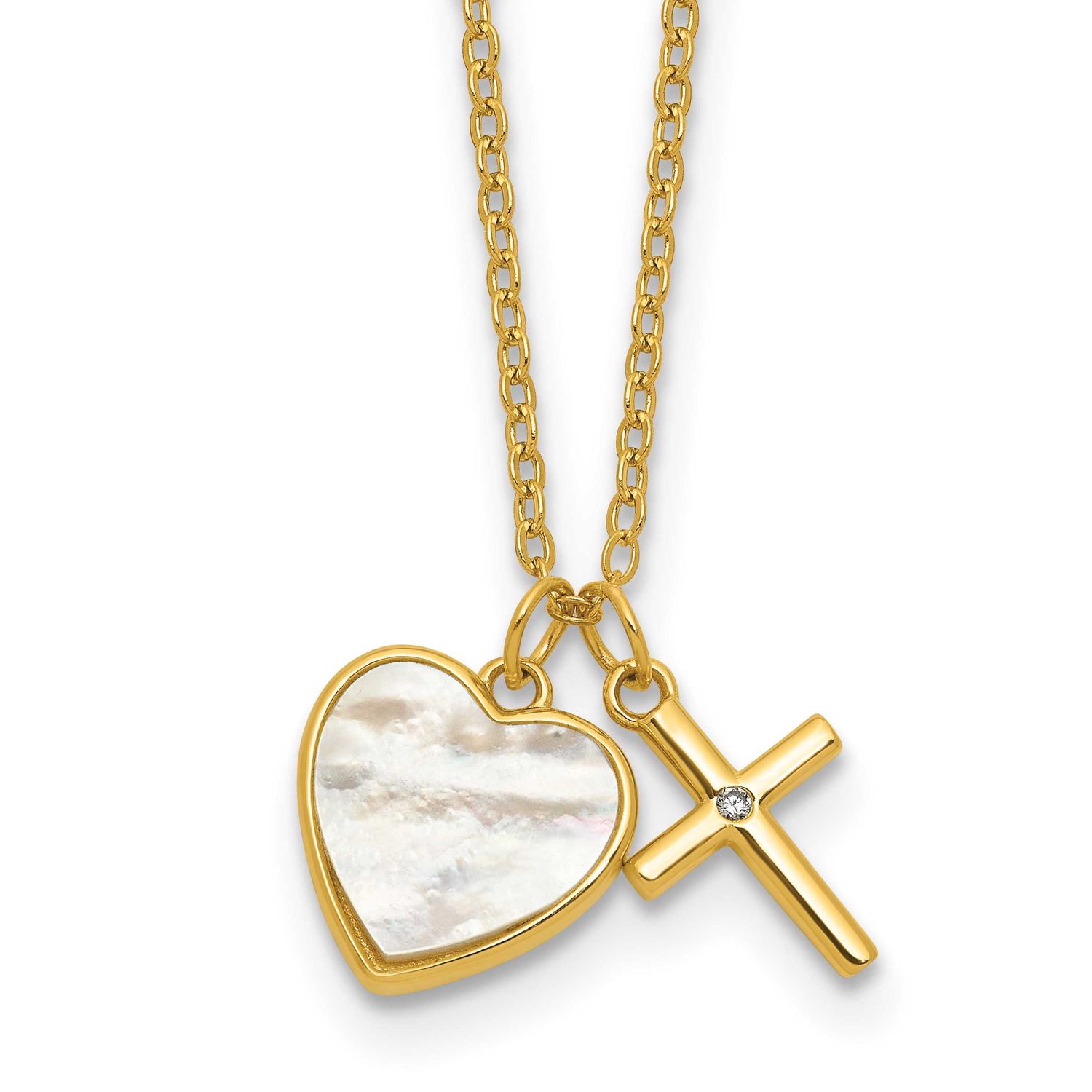 Gold-Tone Mop CZ Heart and Cross 14 Inch with 3 Inch Extension Children&#39;s Necklace Sterling Silver,…
