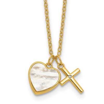 Gold-Tone Mop CZ Heart and Cross 14 Inch with 3 Inch Extension Children&#39;s Necklace Sterling Silver,…