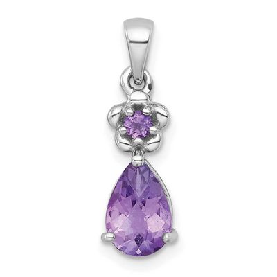 Polished Amethyst Teardrop and Flower Pendant Sterling Silver Rhodium-Plated, MPN: QP6004AM, UPC: