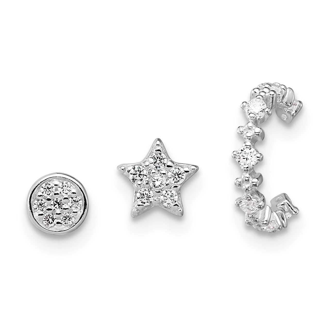 Polished CZ Star Circle and Ear Cuff Set of 3 Single Earring Set Sterling Silver Rhodium-Plated, MP…