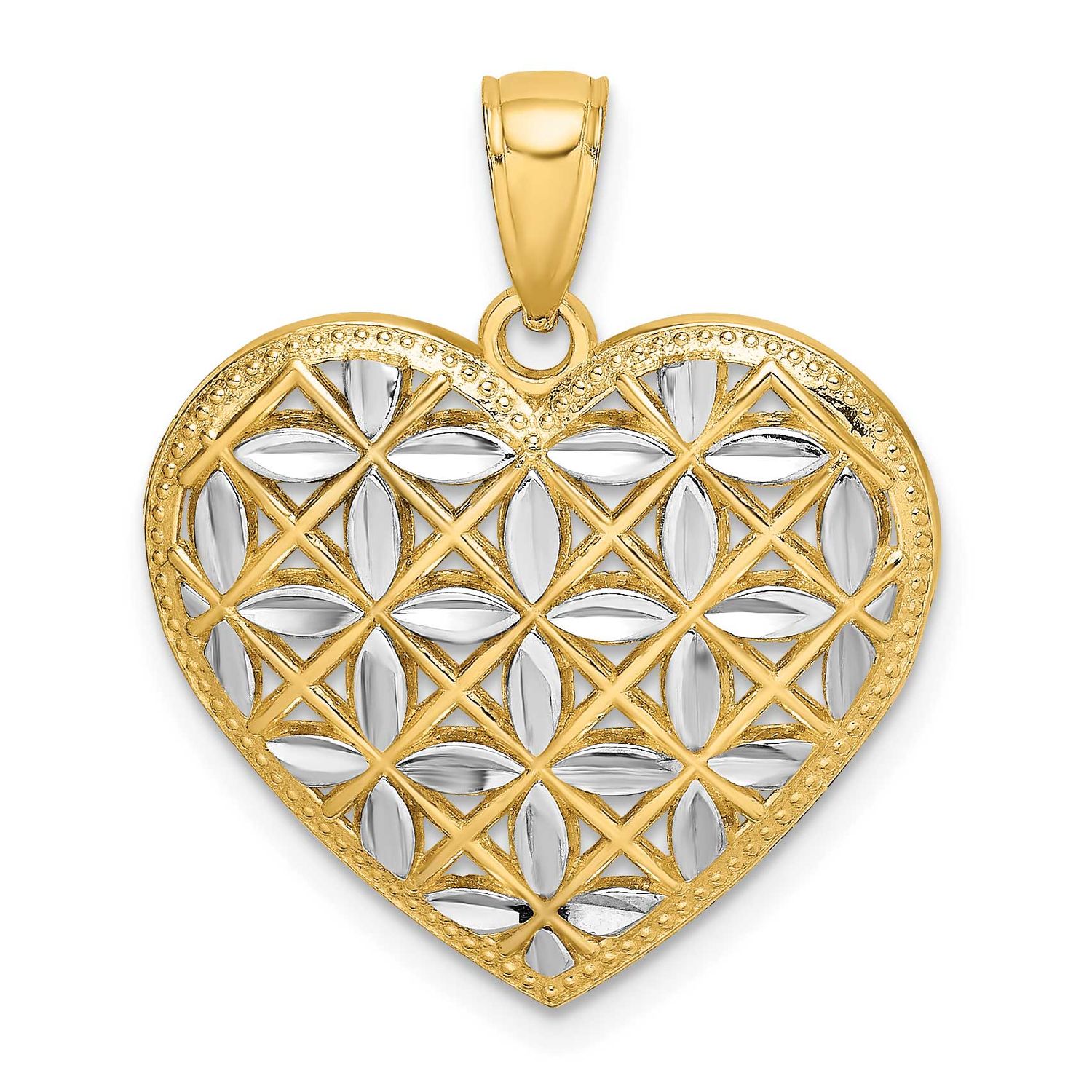 Diamond-Cut Leaves In Heart Charm 14k Gold with Rhodium, MPN: K9298, UPC: 637218095230