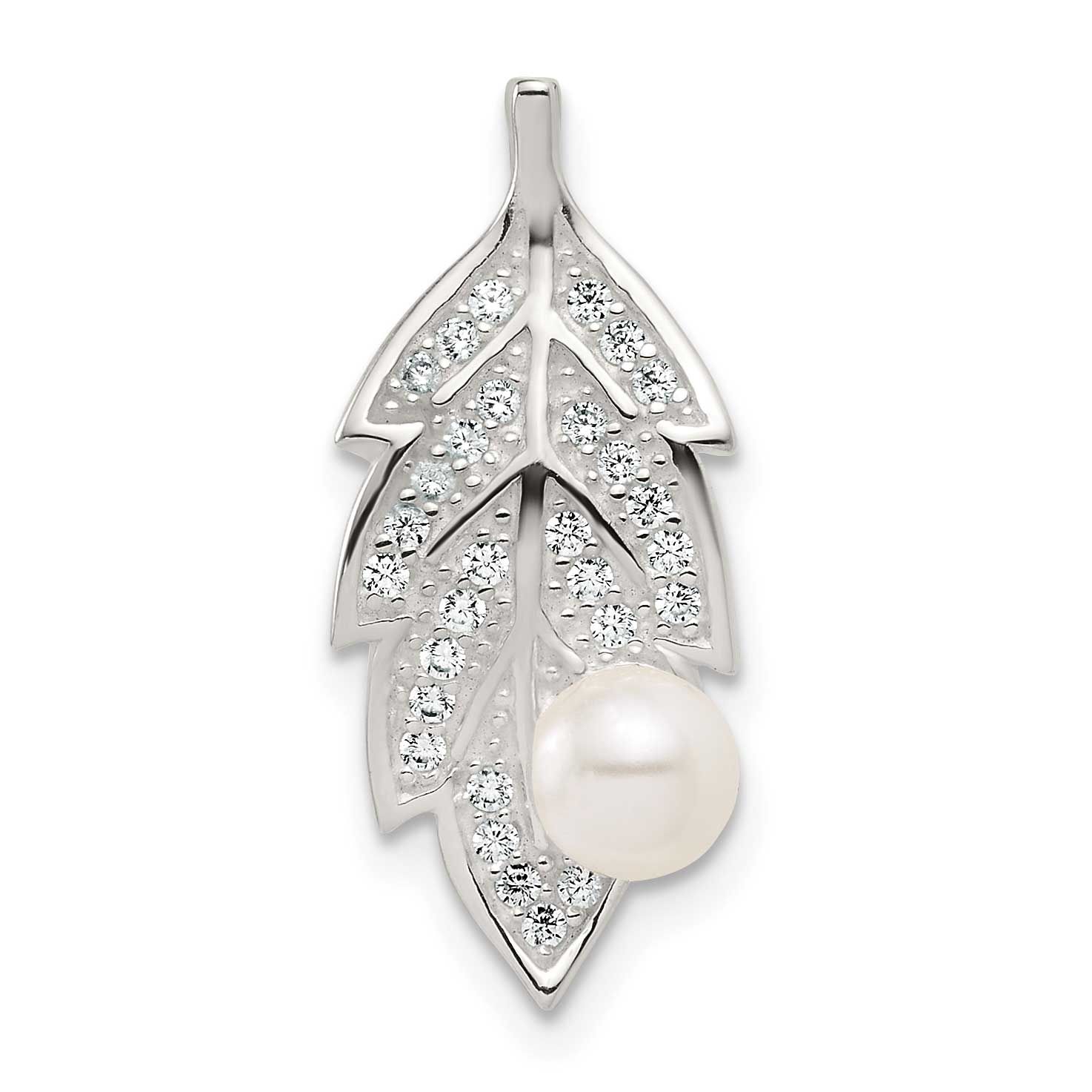 CZ and Acrylic Pearl Leaf Chain Slide Pendant 26.5 Inch Sterling Silver Polished, MPN: QC11566, UPC: