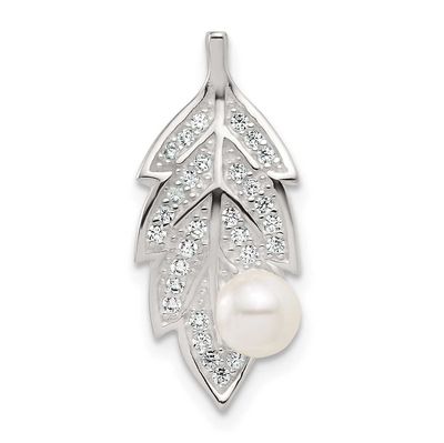 CZ and Acrylic Pearl Leaf Chain Slide Pendant 26.5 Inch Sterling Silver Polished, MPN: QC11566, UPC: