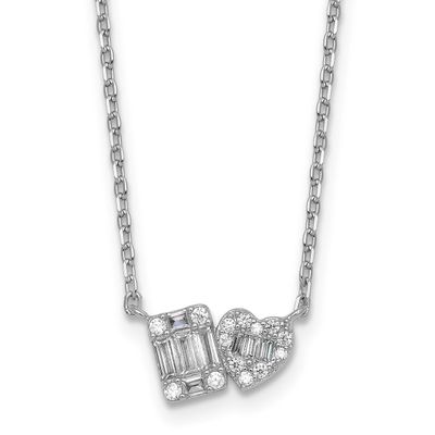 CZ Heart Rectangle 16 Inch with 2 Inch Extension Necklace Sterling Silver Rhodium-Plated, MPN: QG70…