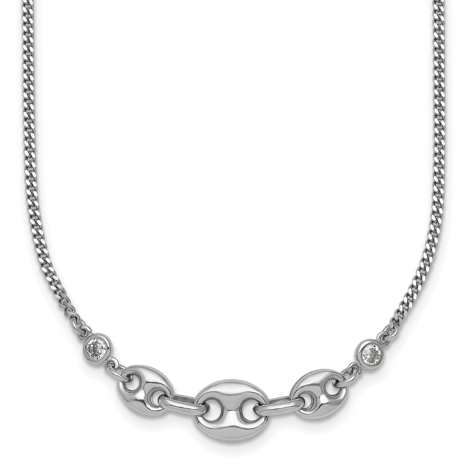 CZ Puffed Mariner 16 Inch with 2 Inch Extension Necklace Sterling Silver Rhodium-Plated, MPN: QG692…