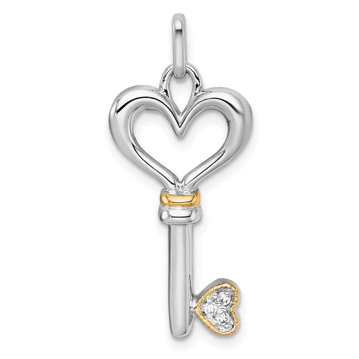14k Accent Polished CZ Heart Key Pendant Sterling Silver Rhodium-Plated, MPN: QC11546, UPC: