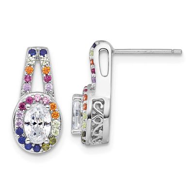 Multicolor CZ Oval Halo Post Earrings Sterling Silver Rhodium-Plated, MPN: QG7174E, UPC: