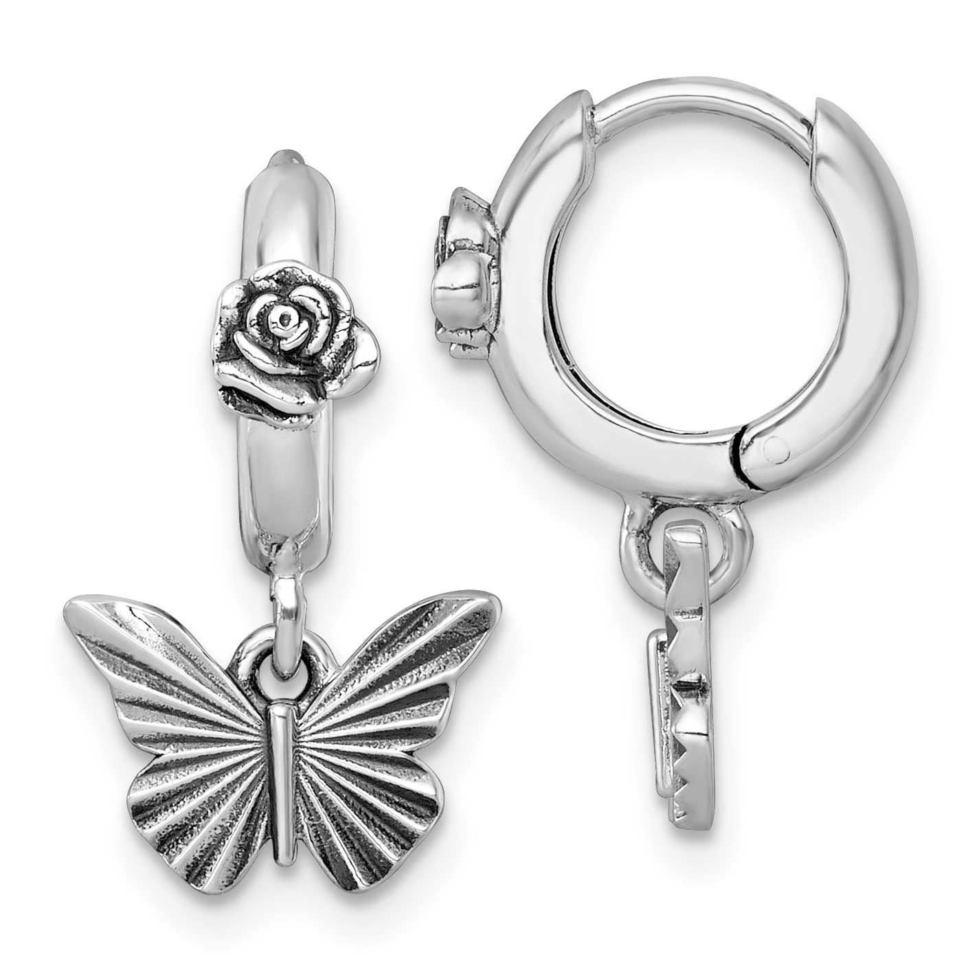 Butterfly with Flower Children&#39;s Hoop Earrings Sterling Silver Antiqued, MPN: QG7234E, UPC: