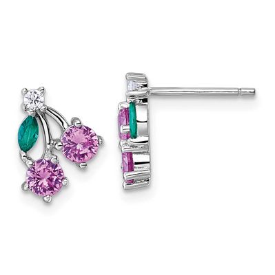 CZ Lab Cr Corundum &amp; Green Glass Cherry Post Earrin Sterling Silver Rhodium-Plated, MPN: QE18232, U…