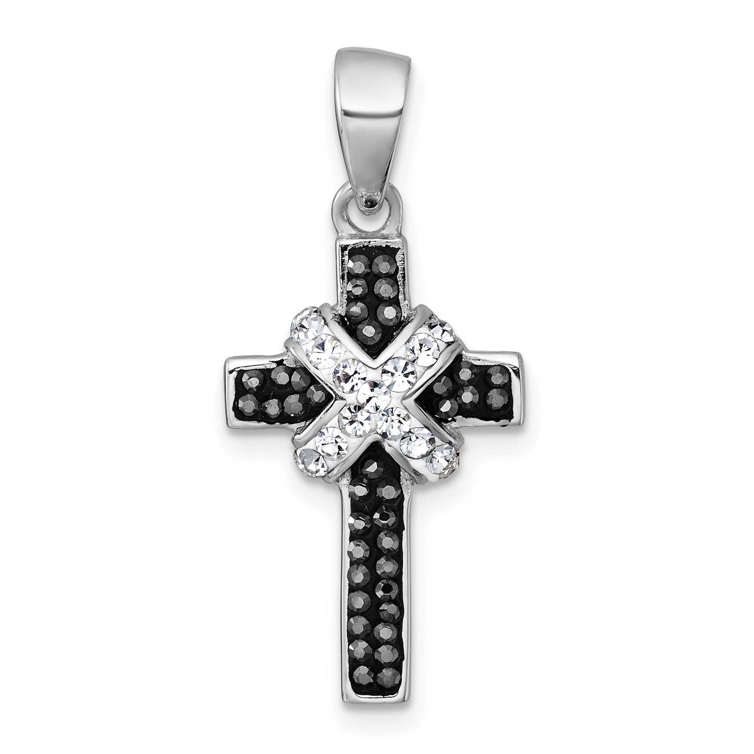 Black and White Crystal Cross Pendant Sterling Silver Rhodium-Plated, MPN: QC11644, UPC: