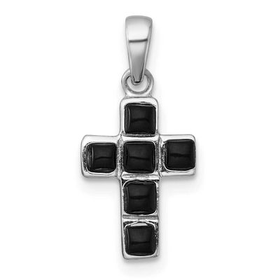 Polished Onyx Cross Pendant Sterling Silver Rhodium-Plated, MPN: QC11634, UPC: