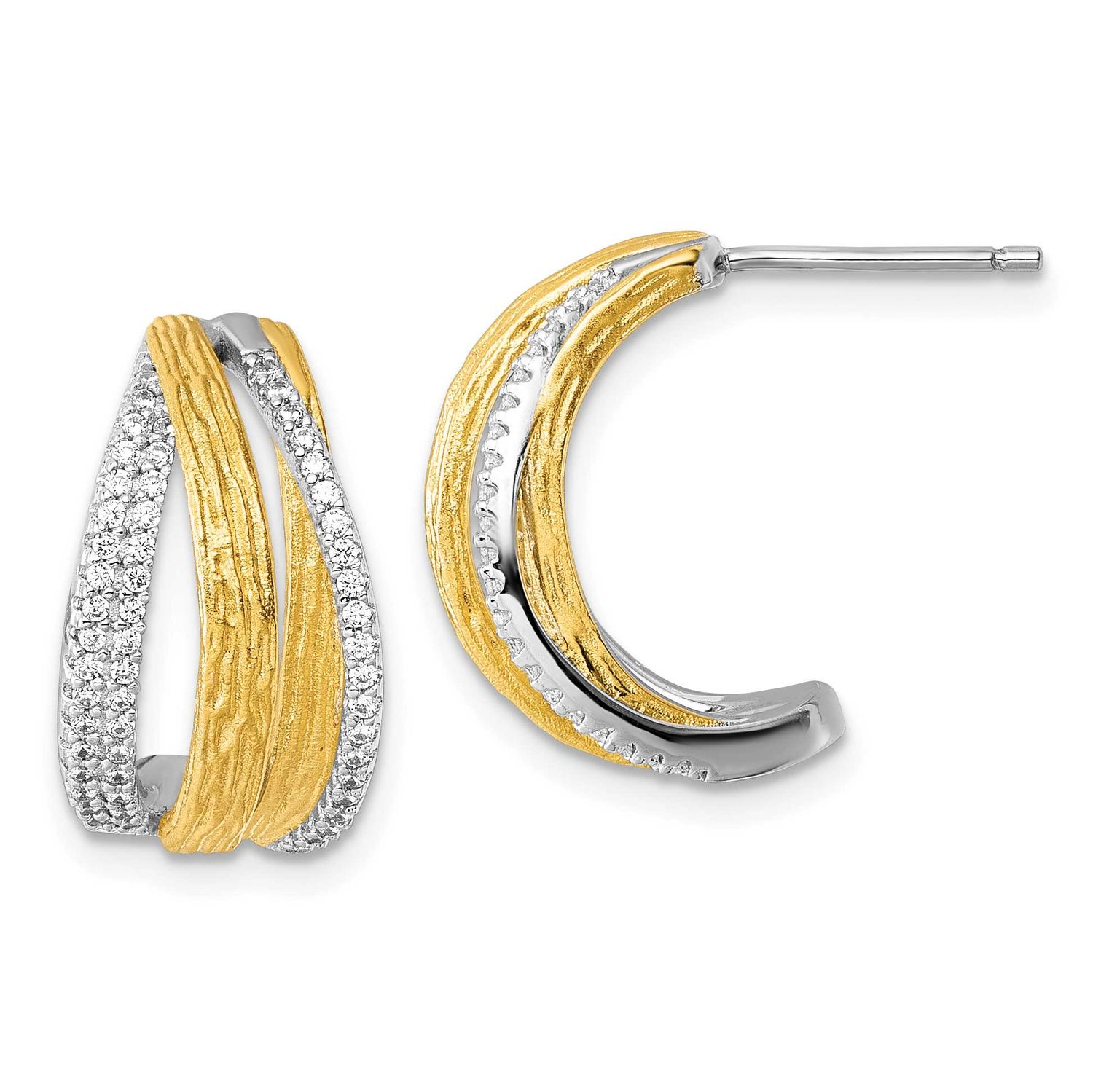 Gold-Tone CZ Brushed Curved Post Earrings Sterling Silver Rhodium-Plated, MPN: QE18096, UPC: