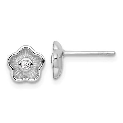 Textured CZ Flower Post Earrings Sterling Silver Rhodium-Plated Polished, MPN: QG7114E, UPC: