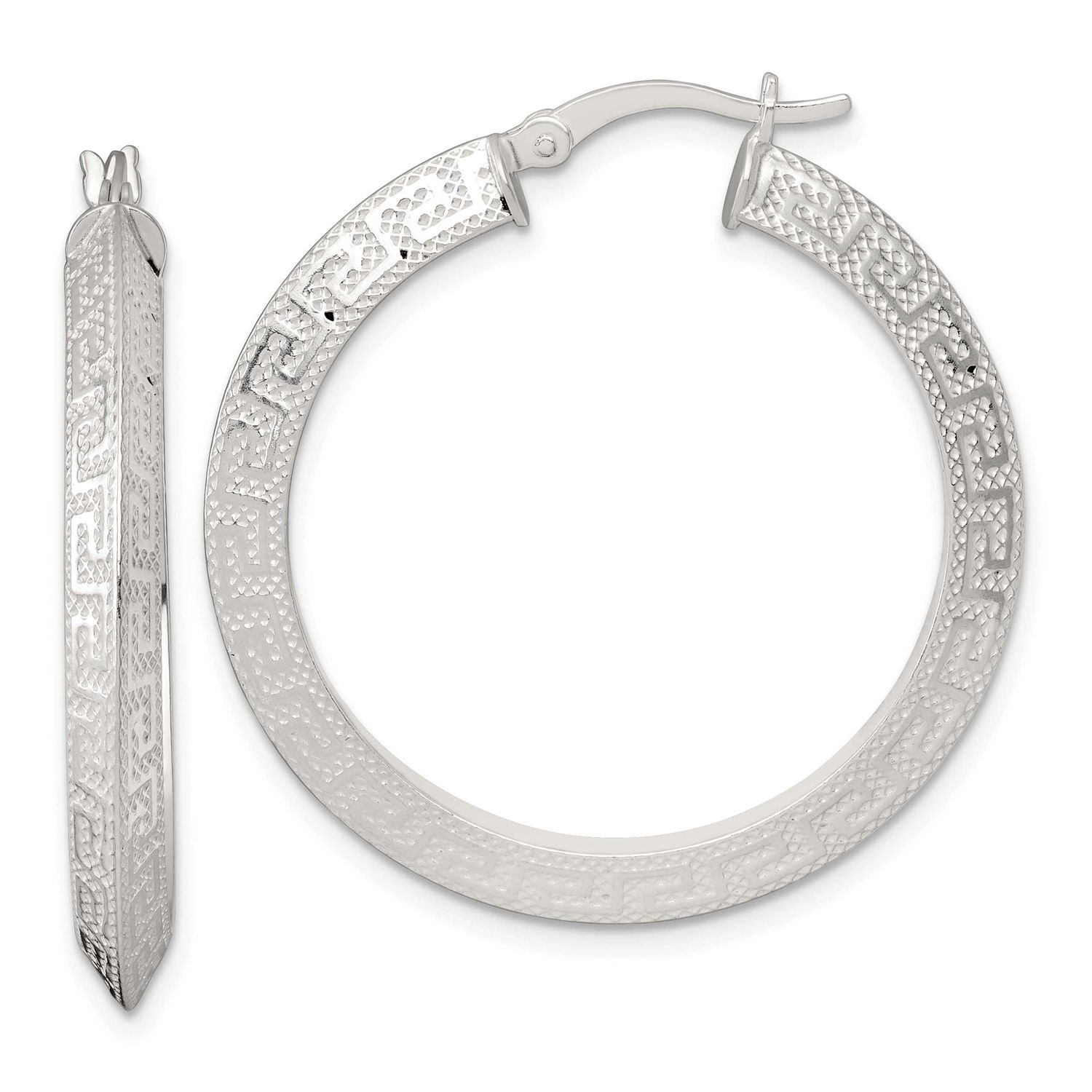 35x4.0mm Knife Edge Greek Key Round Hoop Earrings Sterling Silver Textured, MPN: QE17862, UPC: