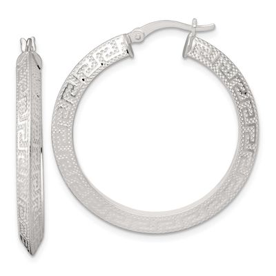 35x4.0mm Knife Edge Greek Key Round Hoop Earrings Sterling Silver Textured, MPN: QE17862, UPC: