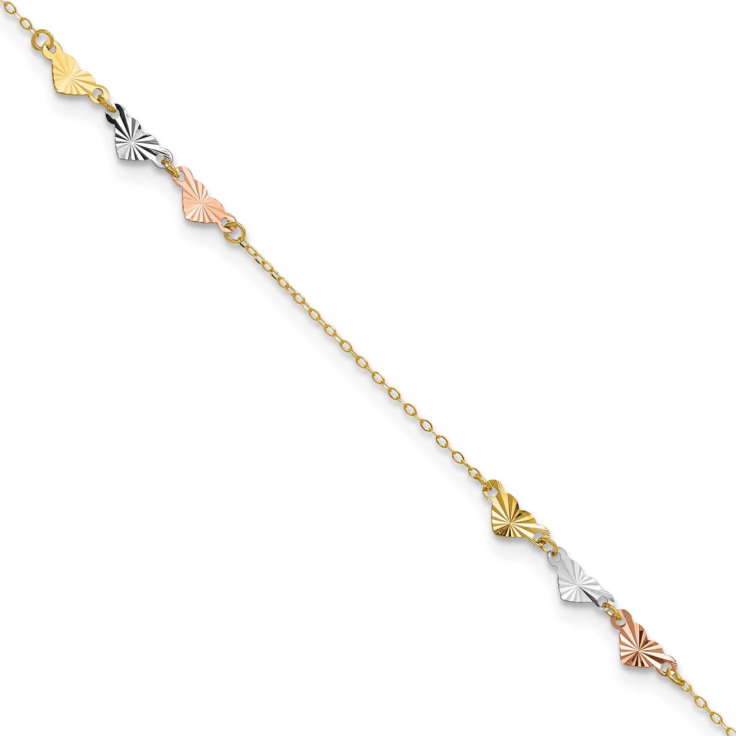 Diamond-Cut Hearts 9 Inch Plus 1 Inch Extension Anklet 14K Tri-Color Gold, MPN: ANK175-9, UPC: 8867…