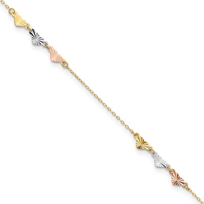Diamond-Cut Hearts 9 Inch Plus 1 Inch Extension Anklet 14K Tri-Color Gold, MPN: ANK175-9, UPC: 8867…