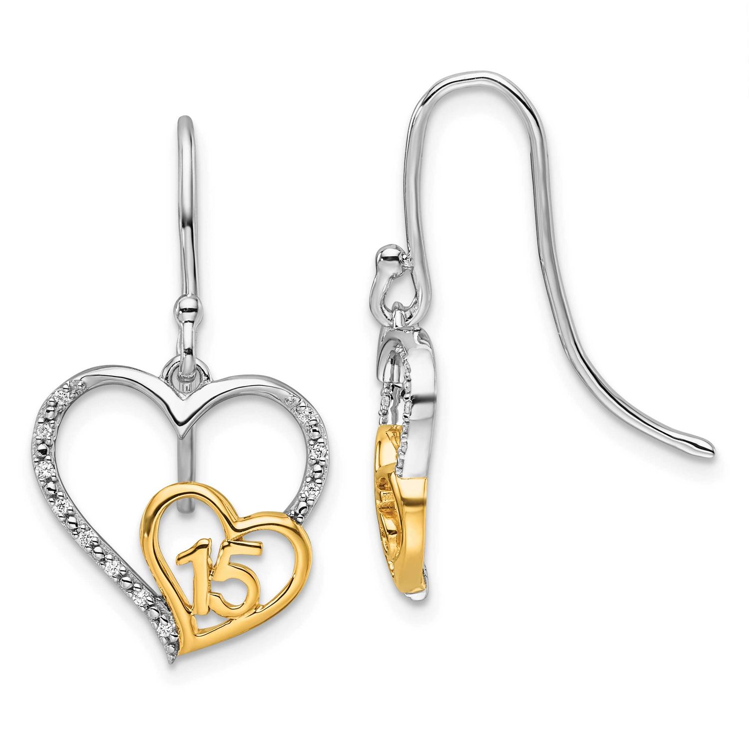 Diamond Quinceanera Heart Dangle Earrings 14K Two Tone Gold Polished, MPN: EM10196-007-WYAA, UPC:
