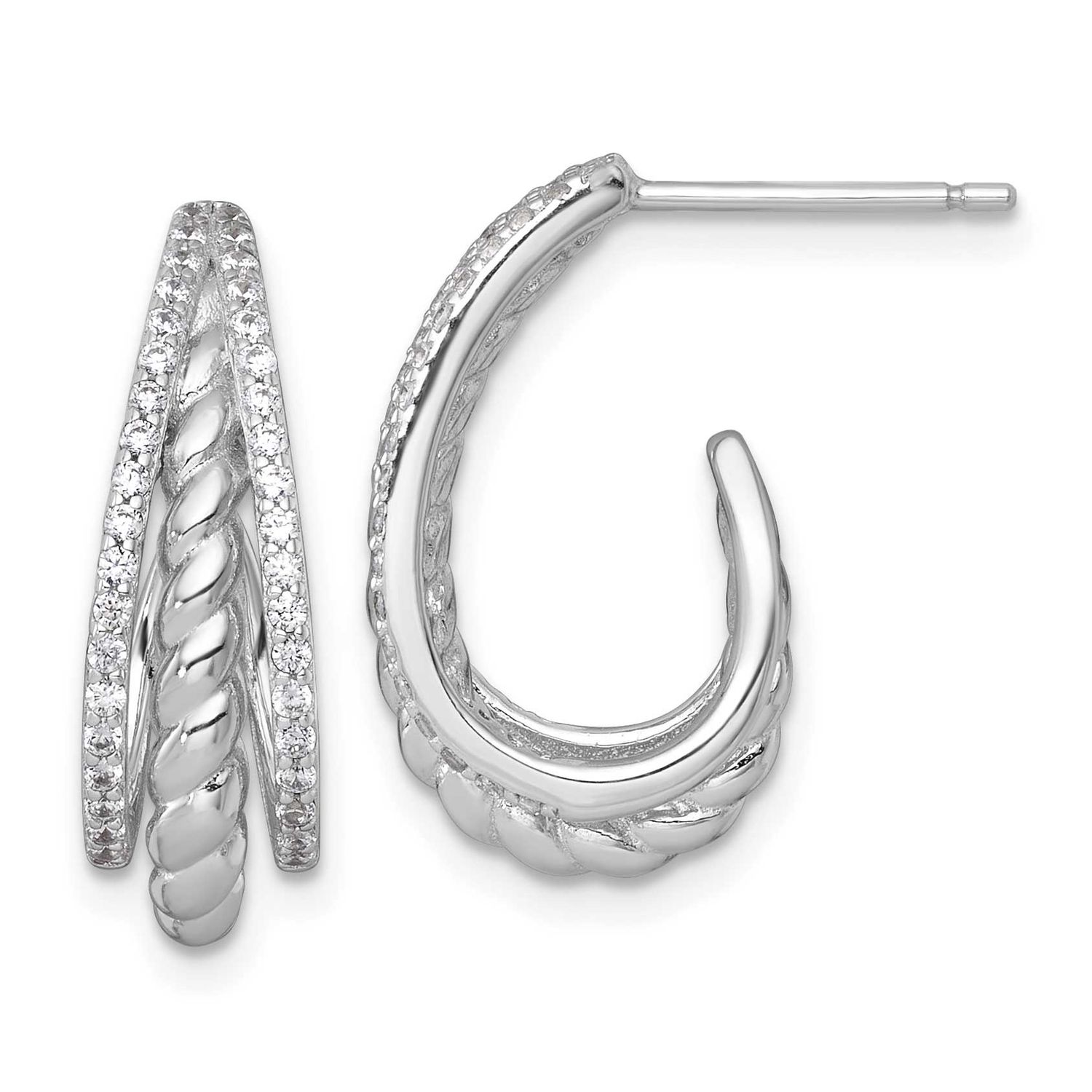 Twisted CZ Post J-Hoop Earrings Sterling Silver Rhodium-Plated Polished, MPN: QE18093, UPC: