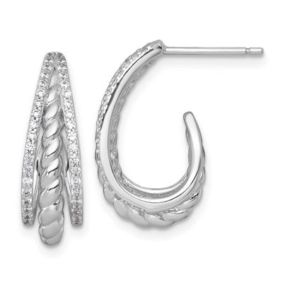 Twisted CZ Post J-Hoop Earrings Sterling Silver Rhodium-Plated Polished, MPN: QE18093, UPC: