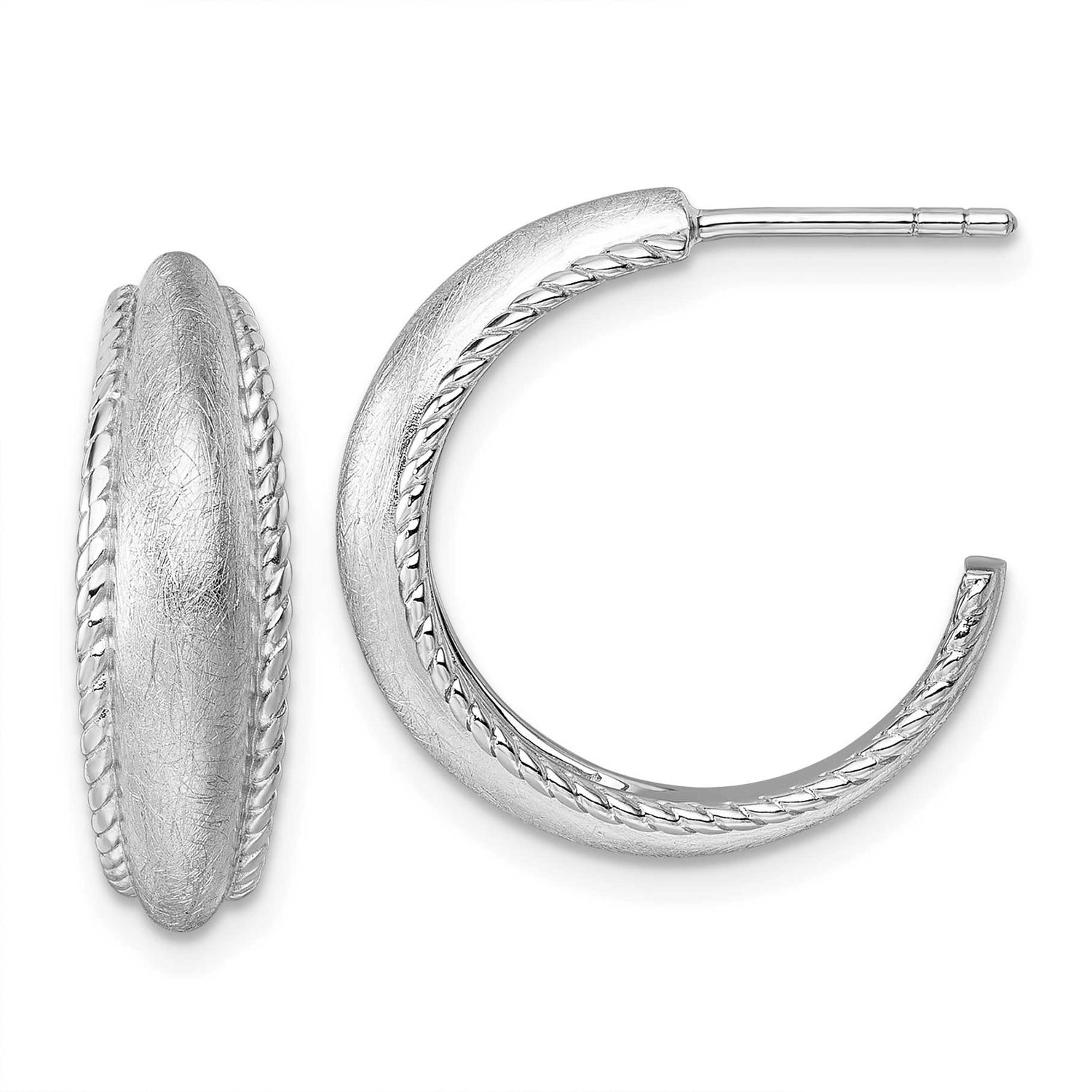 Polished and Scratch Finish C-Hoop Post Earrings Sterling Silver Rhodium-Plated, MPN: QE17966, UPC: