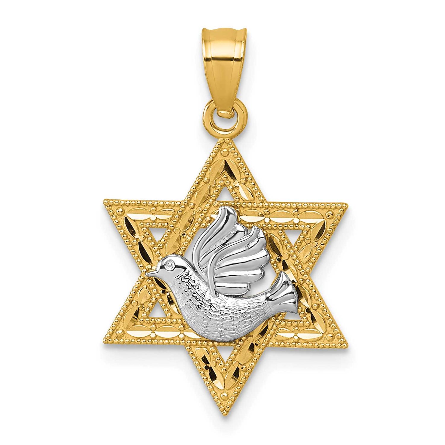 Textured/Diamond-Cut Dove On Star of David Pendant 14k Two Tone Gold, MPN: K10113, UPC: