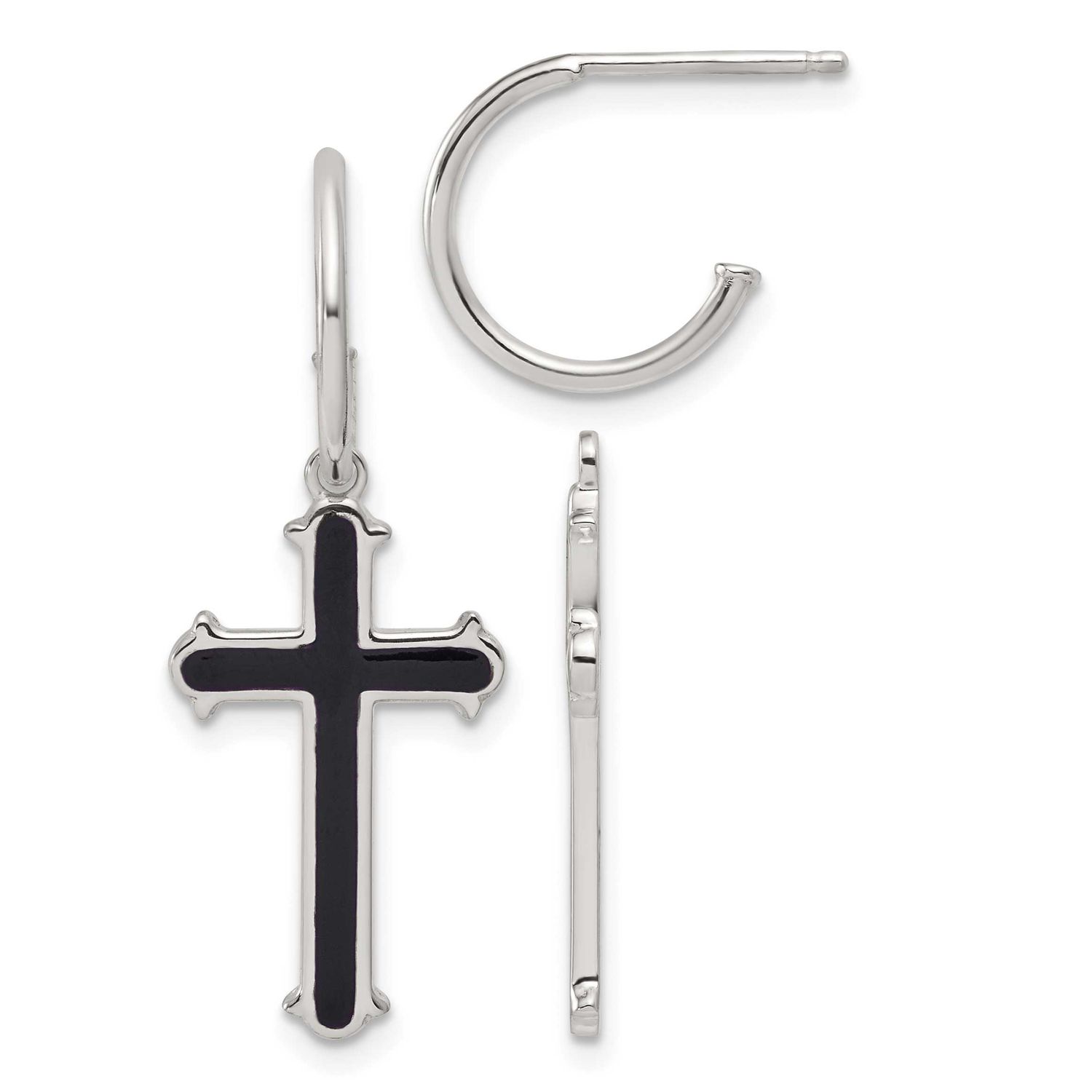 Black Enamel Cross Dangle Post C-Hoop Earrings Sterling Silver Polished, MPN: QE18244, UPC: