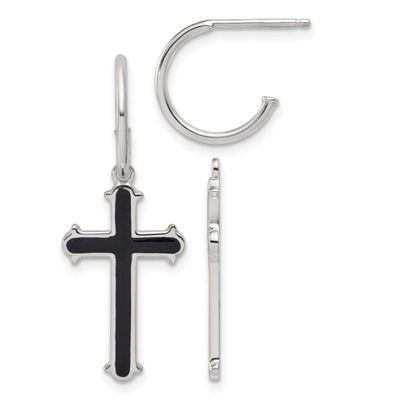 Black Enamel Cross Dangle Post C-Hoop Earrings Sterling Silver Polished, MPN: QE18244, UPC: