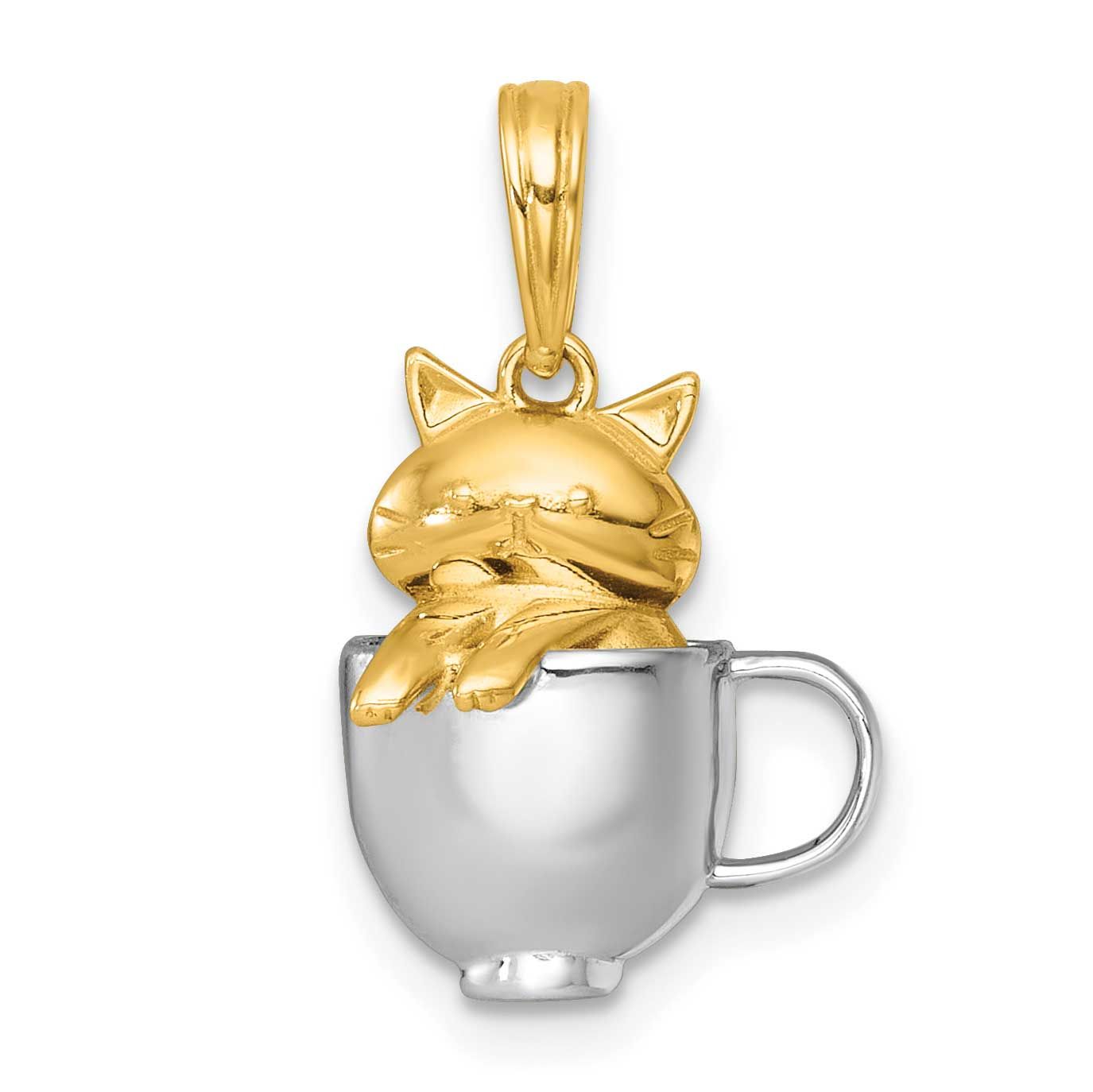 3-D Cat In Mug Charm 14k Gold with Rhodium Polished, MPN: K10058, UPC: