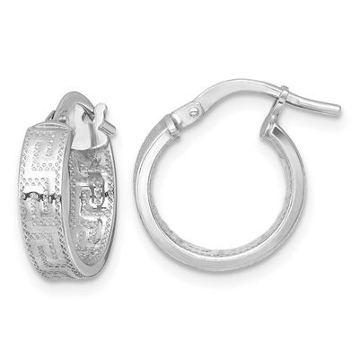 Textured Greek Key Hoop Earrings Sterling Silver Rhodium-Plated Polished, MPN: QE17865, UPC: