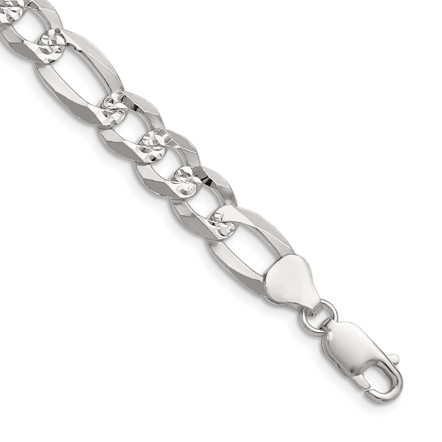 8.5mm Flat Diamond-cut Pave Figaro Chain 24 Inch Sterling Silver, MPN: QPF200-24, UPC: