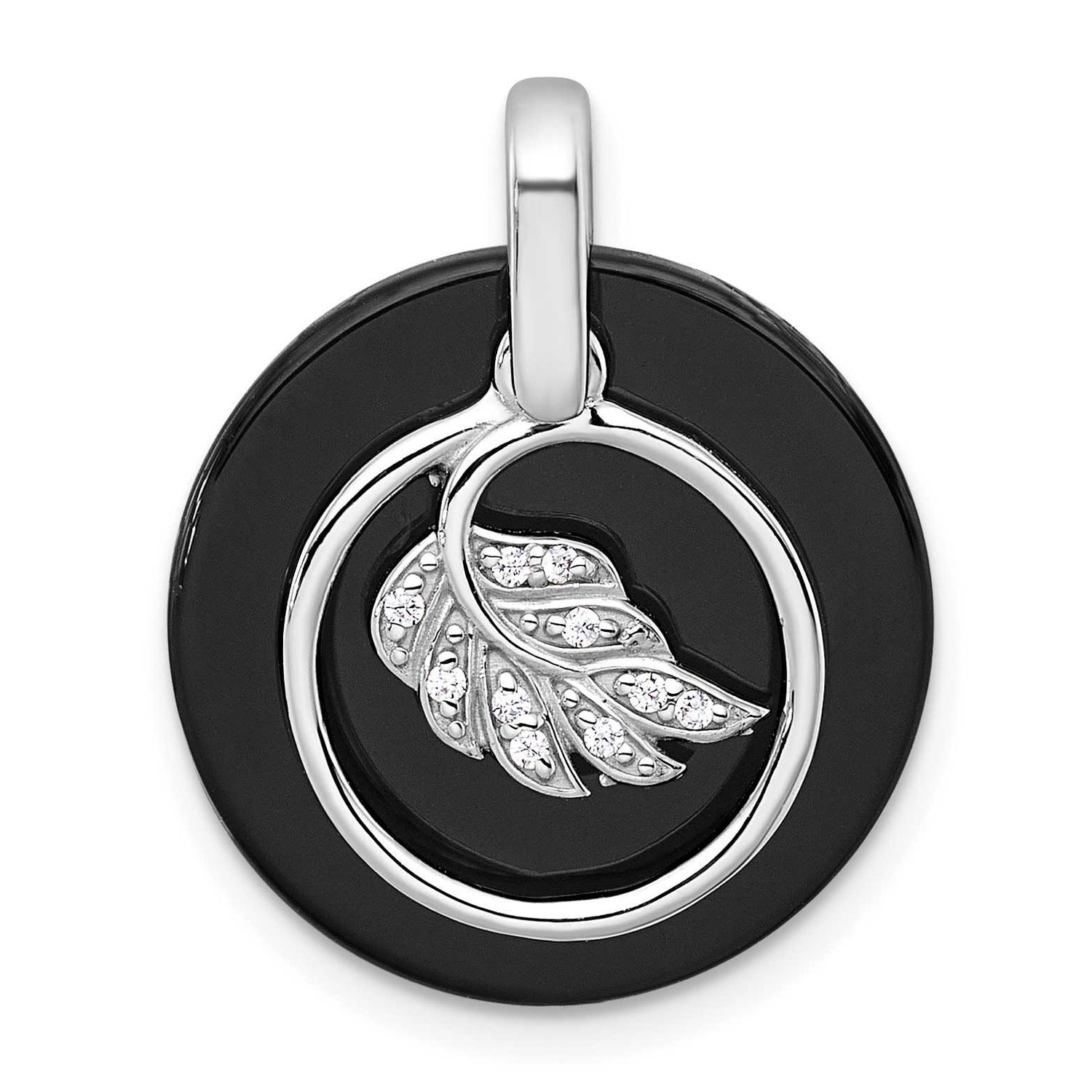 Polished Onyx Circle and CZ Leaf Dangle Pendant Sterling Silver Rhodium-Plated, MPN: QP5942, UPC: