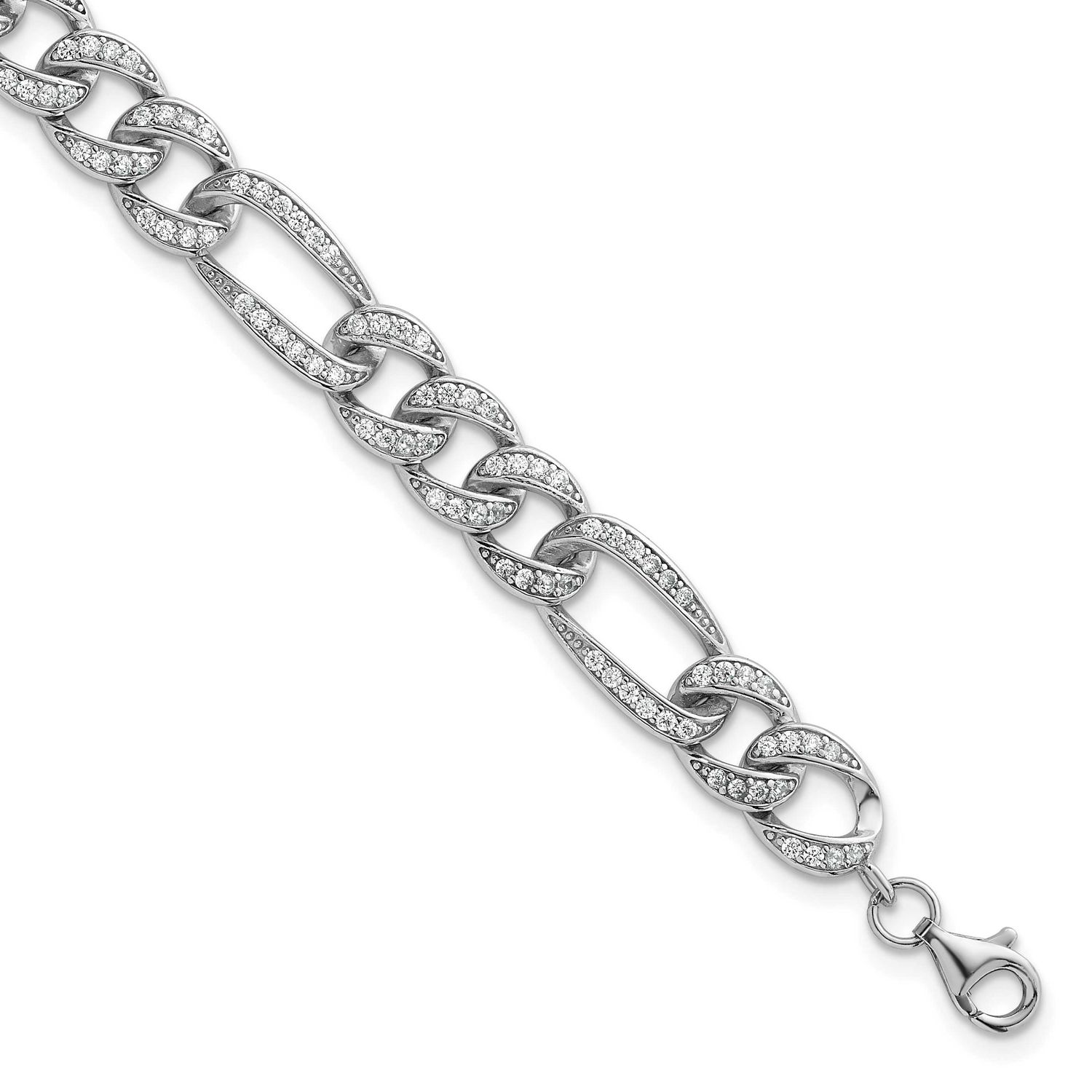 CZ 8.5mm Figaro Link 7 Inch with 1.5 Inch Extension Bracelet Sterling Silver Rhodium-Plated Polishe…