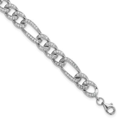 CZ 8.5mm Figaro Link 7 Inch with 1.5 Inch Extension Bracelet Sterling Silver Rhodium-Plated Polishe…