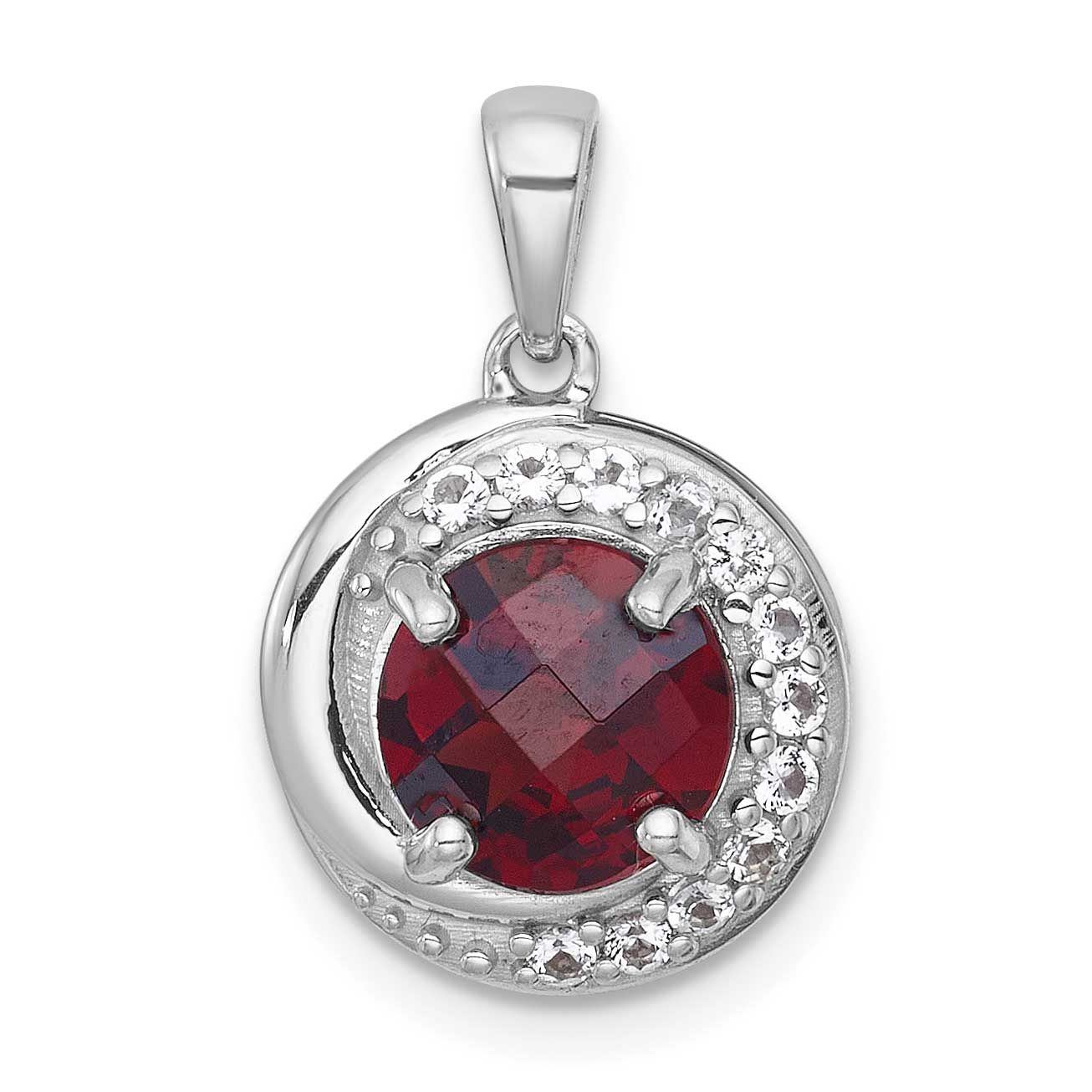 Polished Checker-Cut Round Garnet and White Topaz Circle Pendant Sterling Silver Rhodium-Plated, MP…