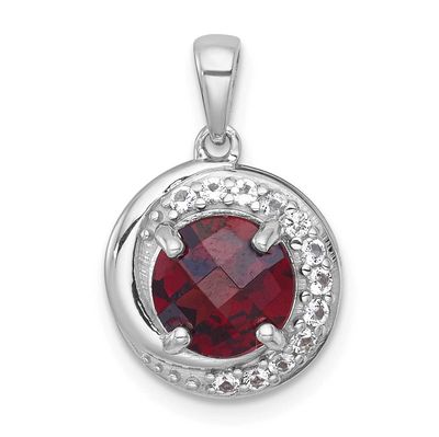 Polished Checker-Cut Round Garnet and White Topaz Circle Pendant Sterling Silver Rhodium-Plated, MP…