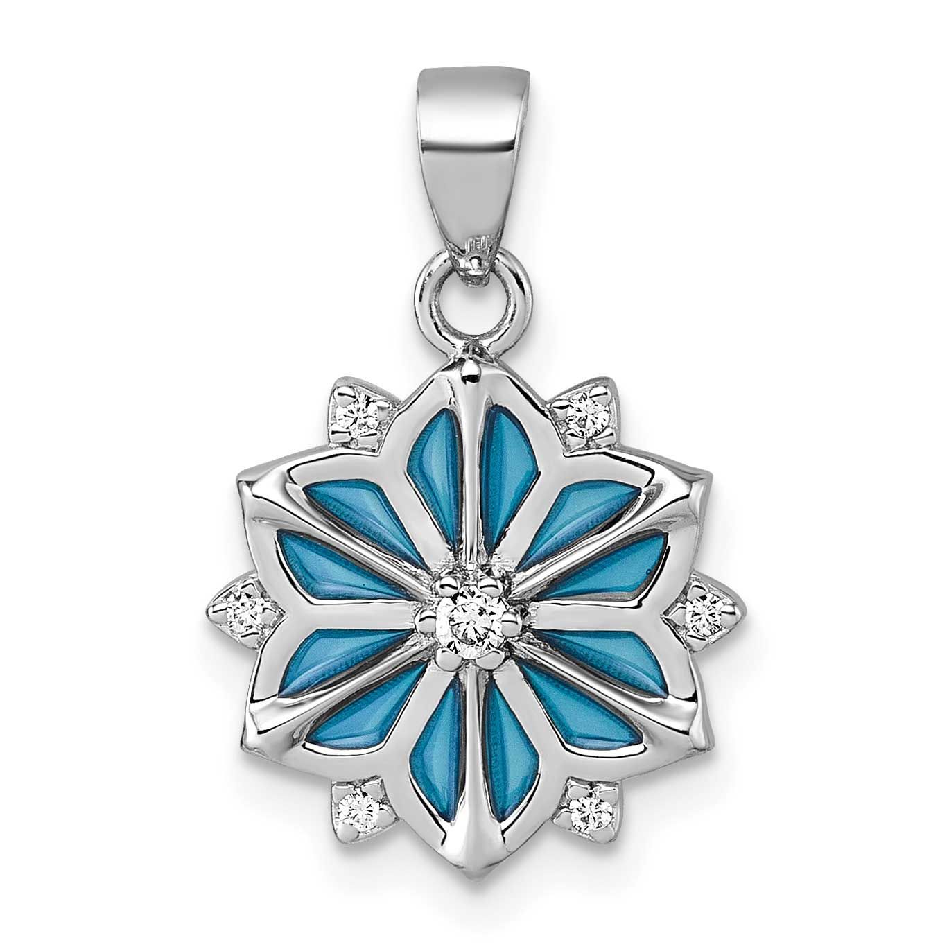 Blue Enamel and White CZ Snowflake Pendant Sterling Silver Rhodium-Plated, MPN: QG7211P, UPC: