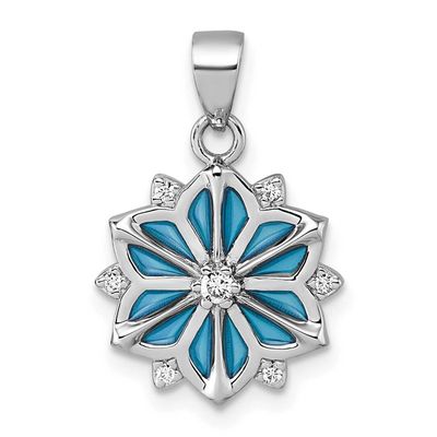 Blue Enamel and White CZ Snowflake Pendant Sterling Silver Rhodium-Plated, MPN: QG7211P, UPC: