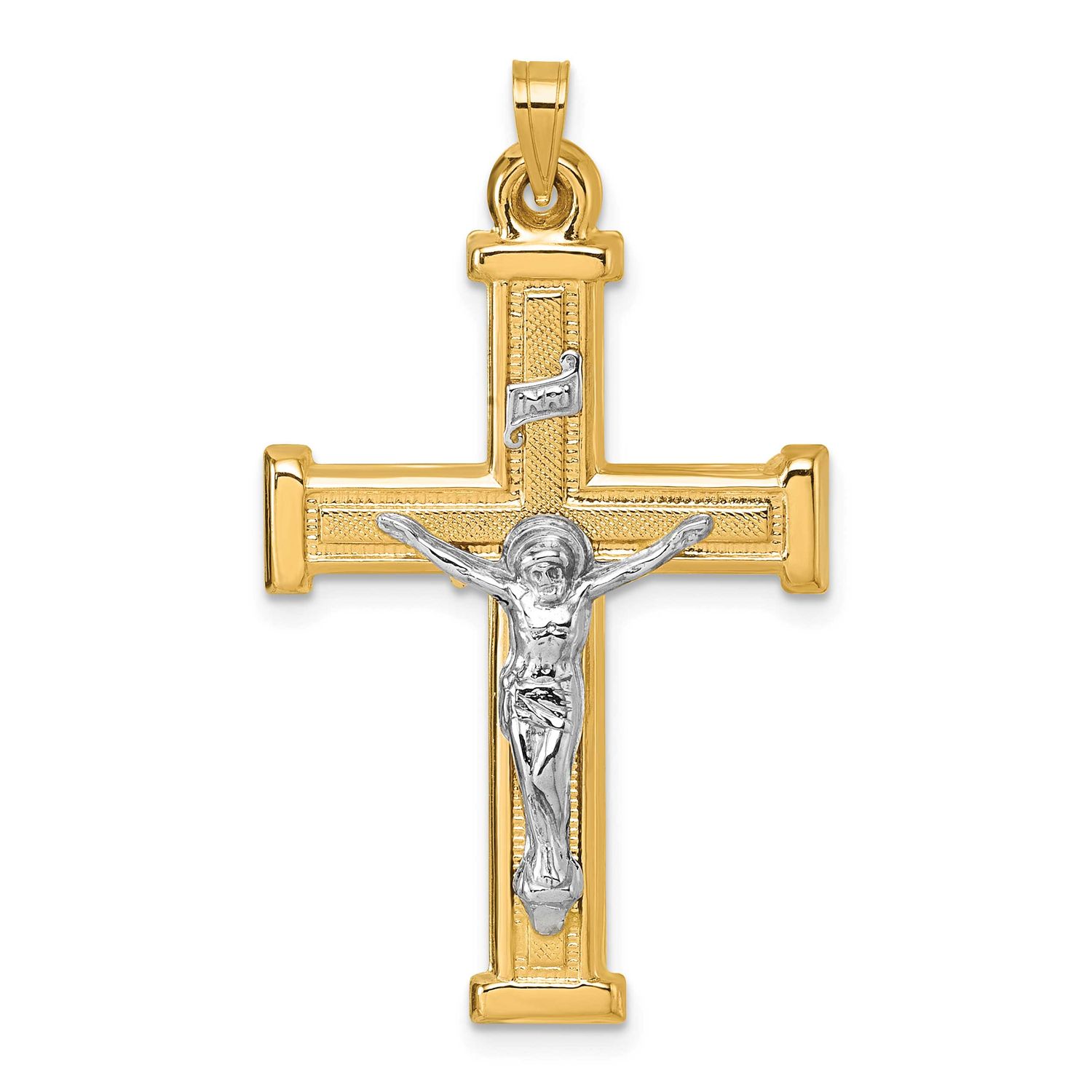 Inri Crucifix Cross Pendant 14k Gold with Rhodium Polished, MPN: XR2182, UPC: