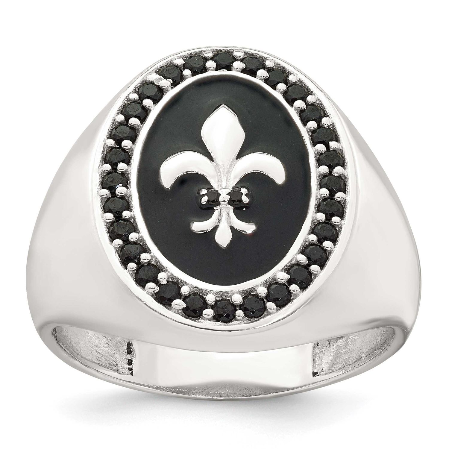 Black Enamel Black Nano Crystal Fleur De Lis Men&#39;s Signet Ring Sterling Silver, MPN: QR7765-11, UPC: