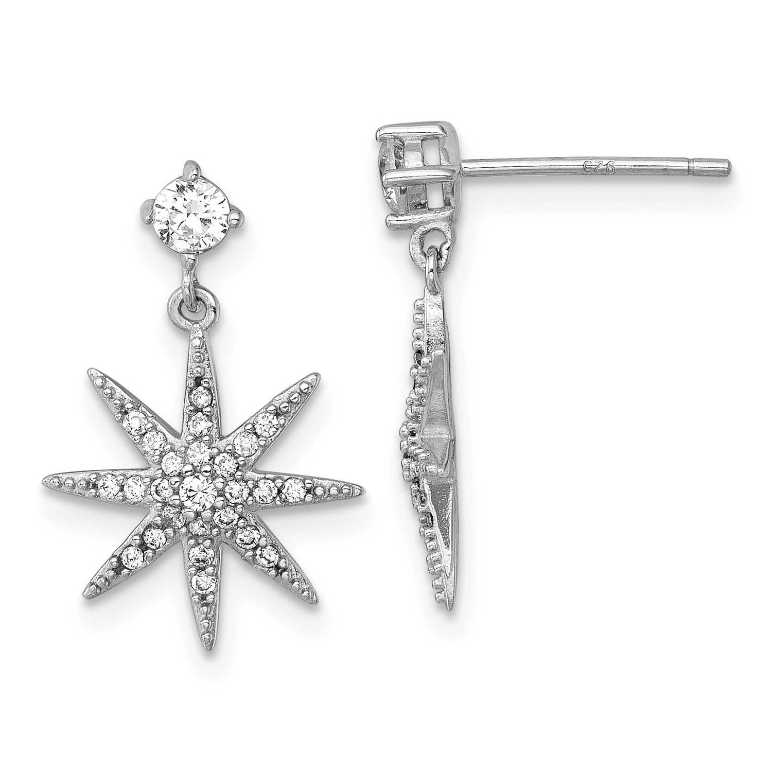 Polished CZ Star Post Dangle Earrings Sterling Silver Rhodium-Plated, MPN: QG7212E, UPC:
