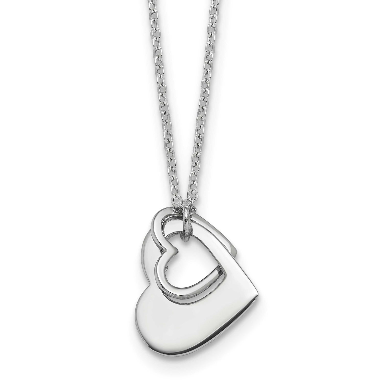 Heart with Heart Cutout 16 Inch with 2 Inch Extension Necklace Sterling Silver Rhodium-Plated, MPN:…
