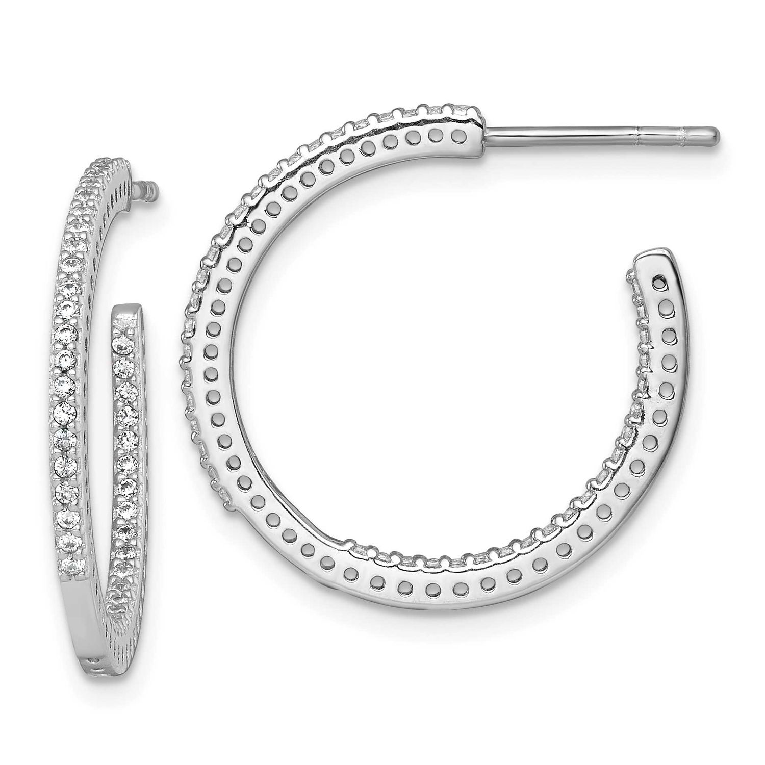 1.6mm CZ In and Out Post C-Hoop Earrings Sterling Silver Rhodium-Plated Polished, MPN: QE18073, UPC: