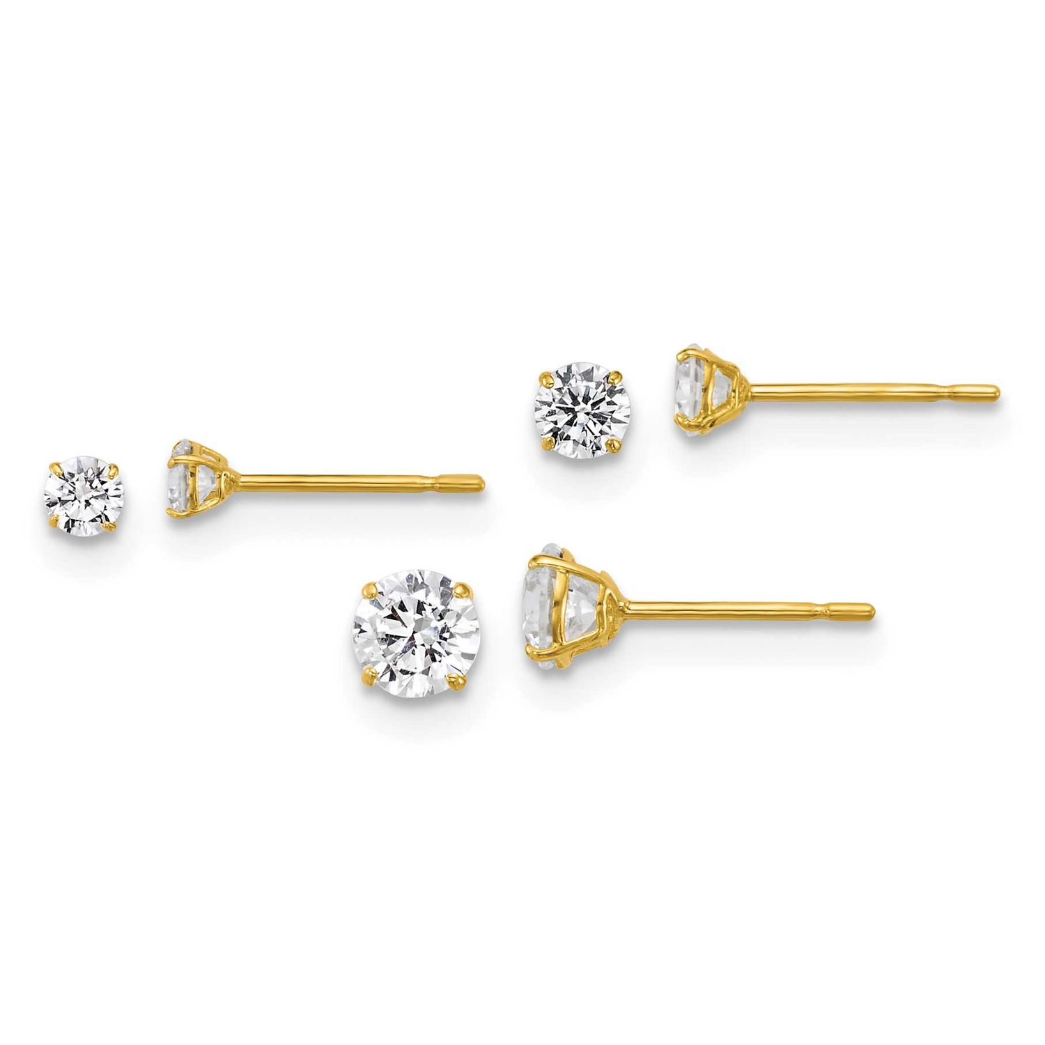 2.5mm 3mm 4mm CZ Round Set of 3 Post Earrings 10k Gold Polished, MPN: 10ER393SET, UPC: