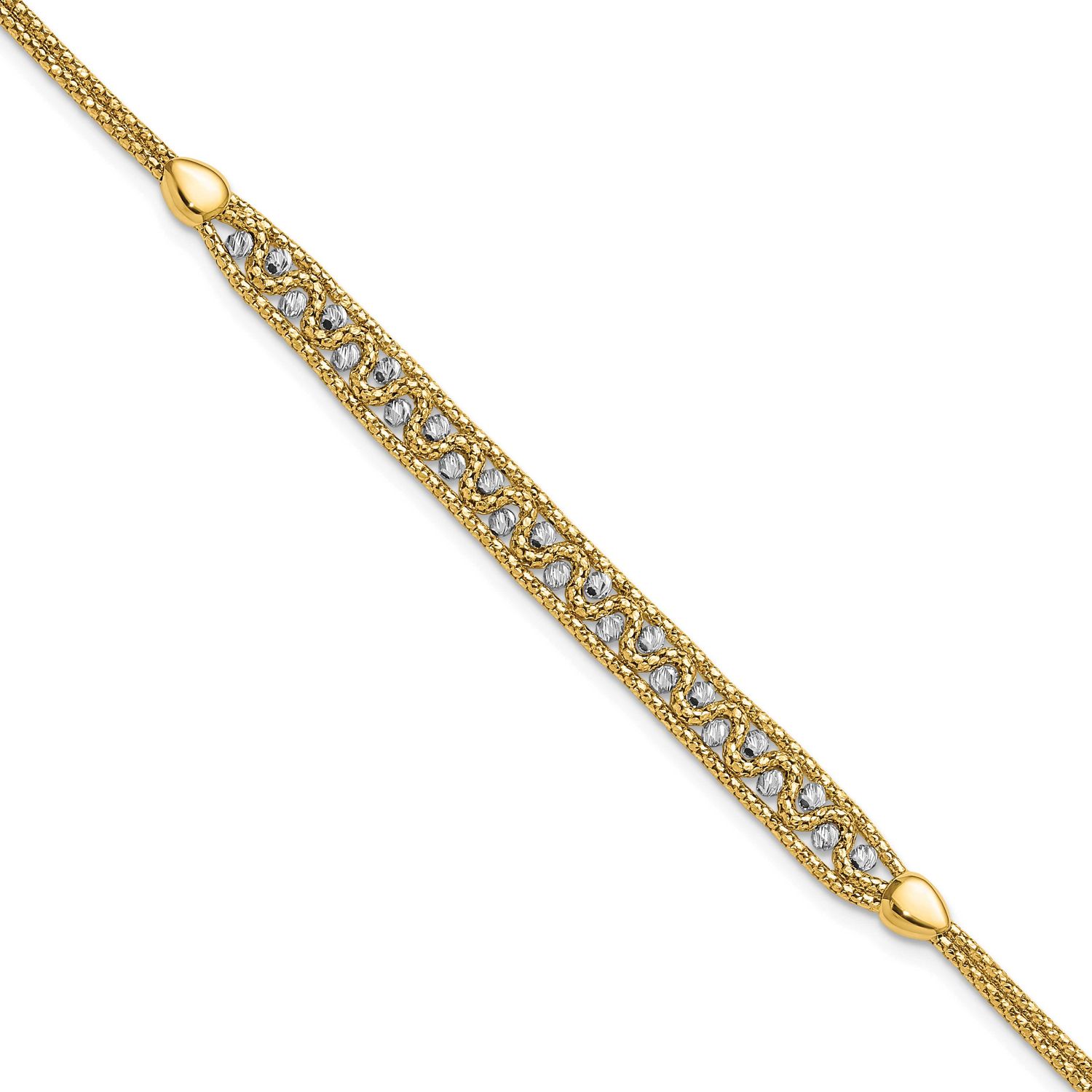 Textured and Diamond-cut Beaded with 1 Inch Extension Bracelet 14k Two Tone Gold, MPN: SF3152-7.5, …