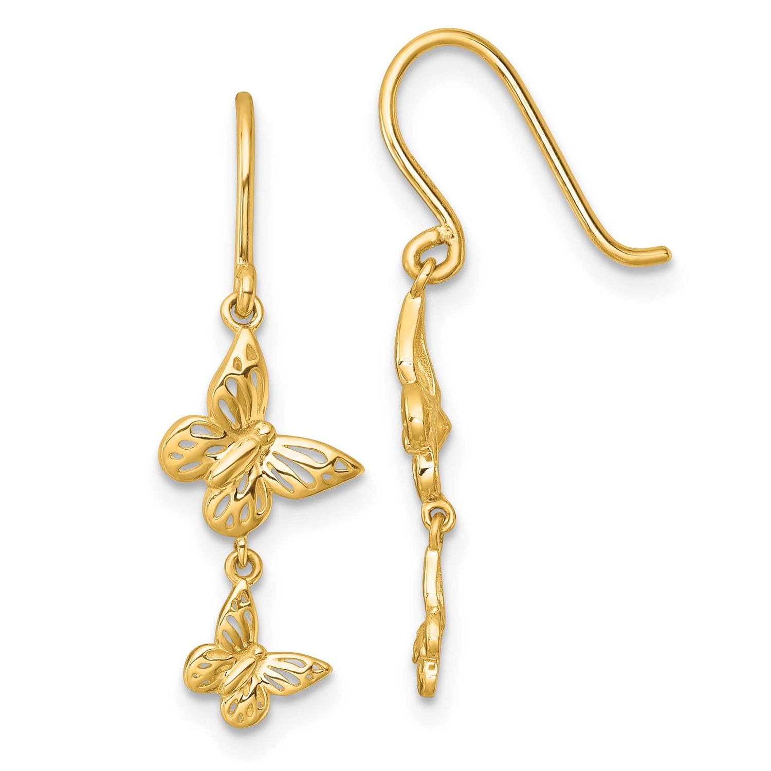 Double Butterfly Moveable Dangle Shepherd Hook Earrings 14k Gold Polished, MPN: YE2302, UPC: